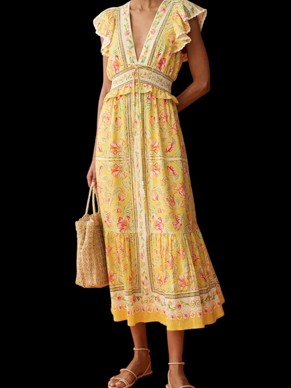 Few Moda Anaya Gardenia Linen Dress Yellow Floral Midi Ruffled Shoulders NWT